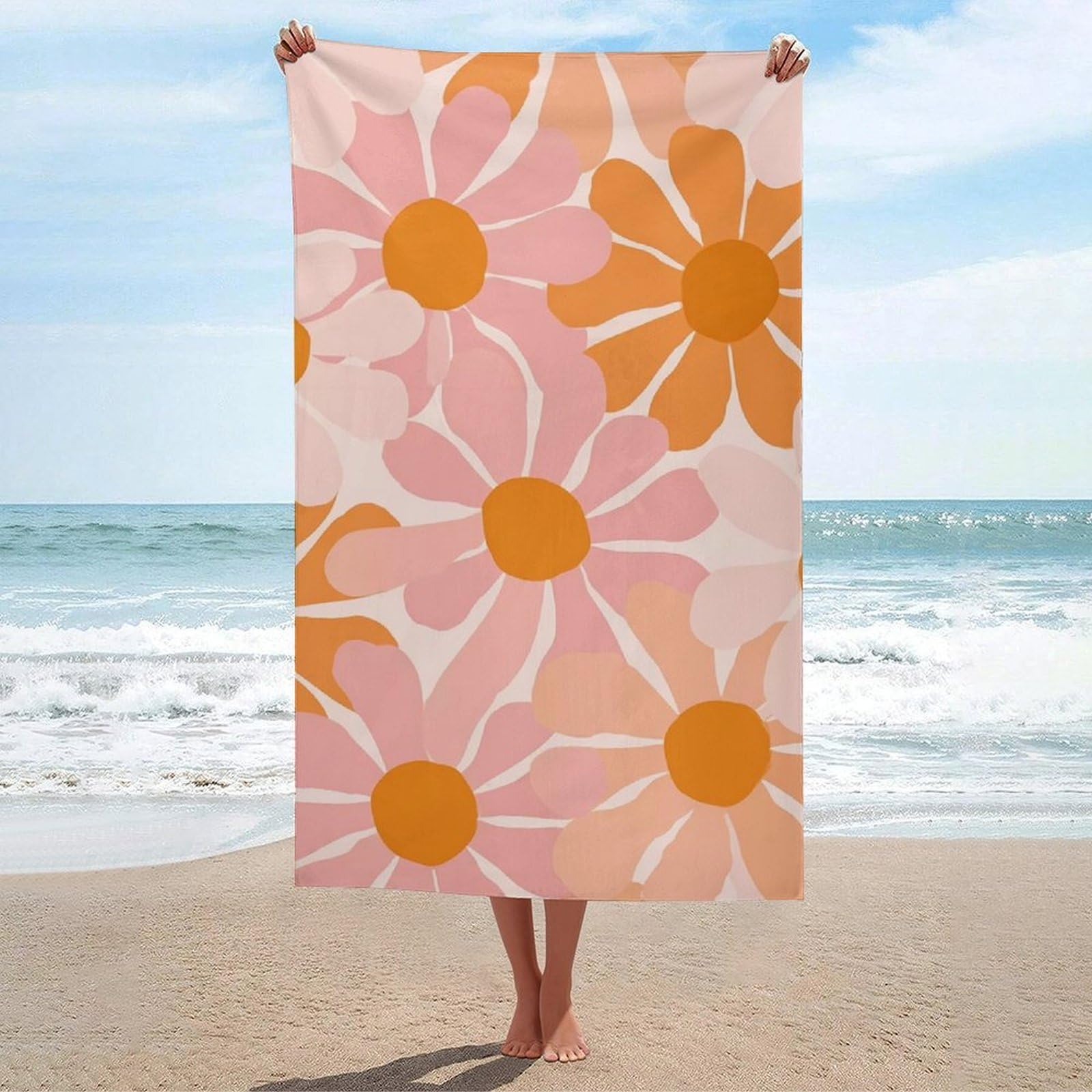 asbwuo Peach Daisy Retro Flowers Pink and Orange Beach Towel