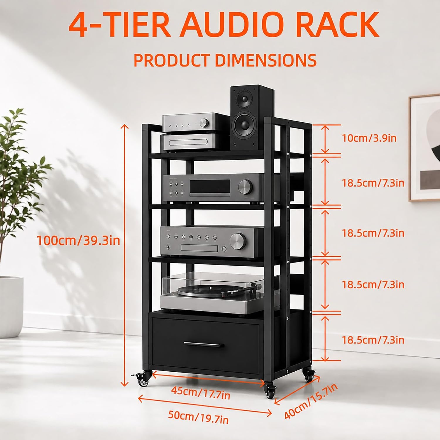 4-Tier Audio Rack with Wheels, Adjustable AV Media Stand for Stereo Components, Heavy Duty Stereo Cabinet with Storage Drawer, Open Airflow Shelves, Stereo Stand for Living Room and Home Theater