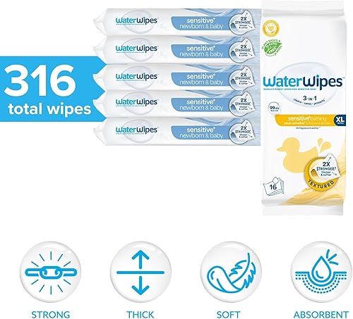 Miniatura 2 de WaterWipes Paquete de 300 toallitas de baño originales (5 paquetes) y toallitas de baño XL, 16 unidades (1 paquete), sin plástico, 99.9% toallitas a