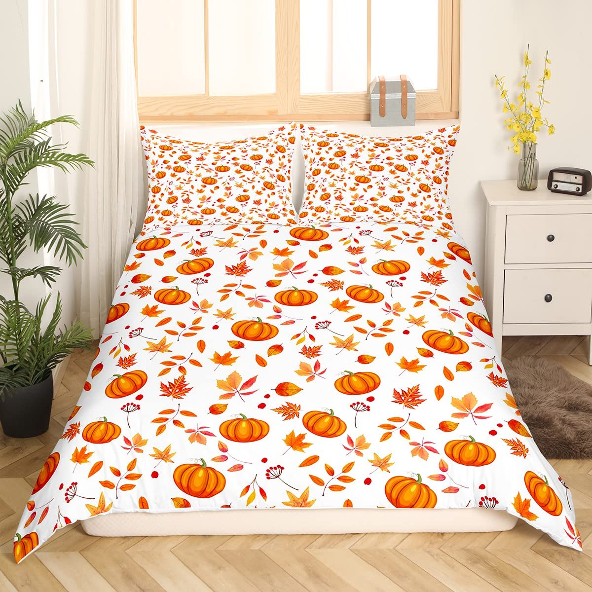 Halloween Kürbis Bettbezug Set - Frohes Herbst Bettwäsche 155 x 220 Mit Süßen Herbstblumen Und Ahornblättern - Thanksgiving Geschenke für Kinder, Jungen, Mädchen