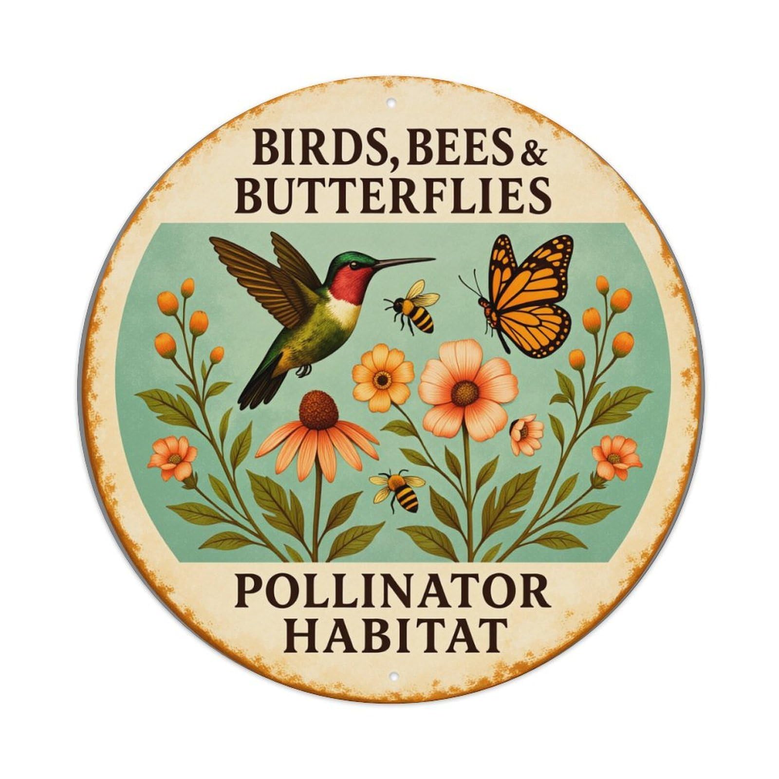 Birds Bees Butterflies Pollinator Habitat Round Tin Sign Vintage Metal Poster, Home Bar Garage Man Cave Cafe Indoor & Outdoor Wall Decoration 8x8Inches