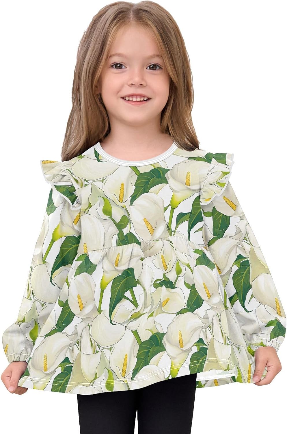visesunny Toddler Clothes for Girls Elegant Calla Lily Floral Long Sleeve Fall Shirts Cotton Top with Ruffle Collar