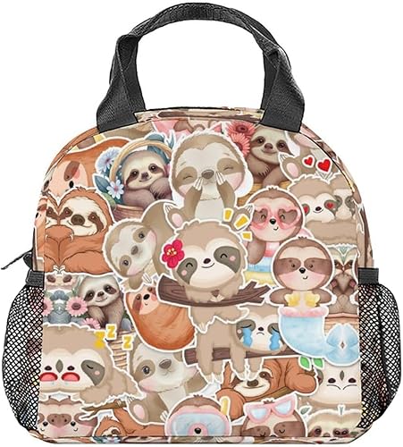 Miniatura 1 de CUSPCOD Bolsas de almuerzo de perezoso  Lonchera Bento reutilizable aislada con correa para el hombro y bolsillos, lonchera pequeña marrón linda