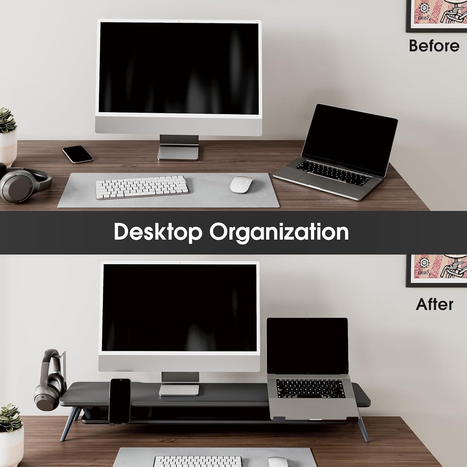 Fenge Dual Monitor Stand, Monitor Riser for 2 Monitors with Adjustable Laptop Riser , 42.5 Inch Desk Shelf for Top of Desk with Phone Holder& Headphone Stand