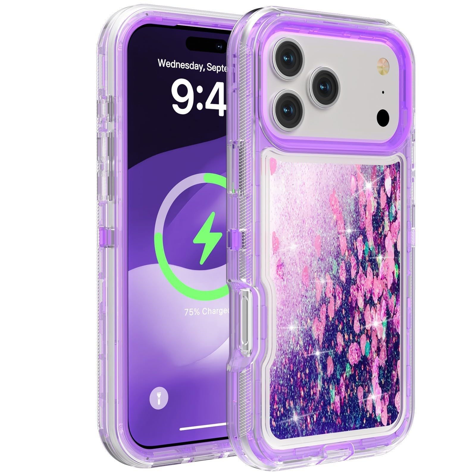 Generic Funda compatible con iPhone 15 (color: morado) con purpurina de triple capa a prueba de golpes, carcasa de silicona rígida