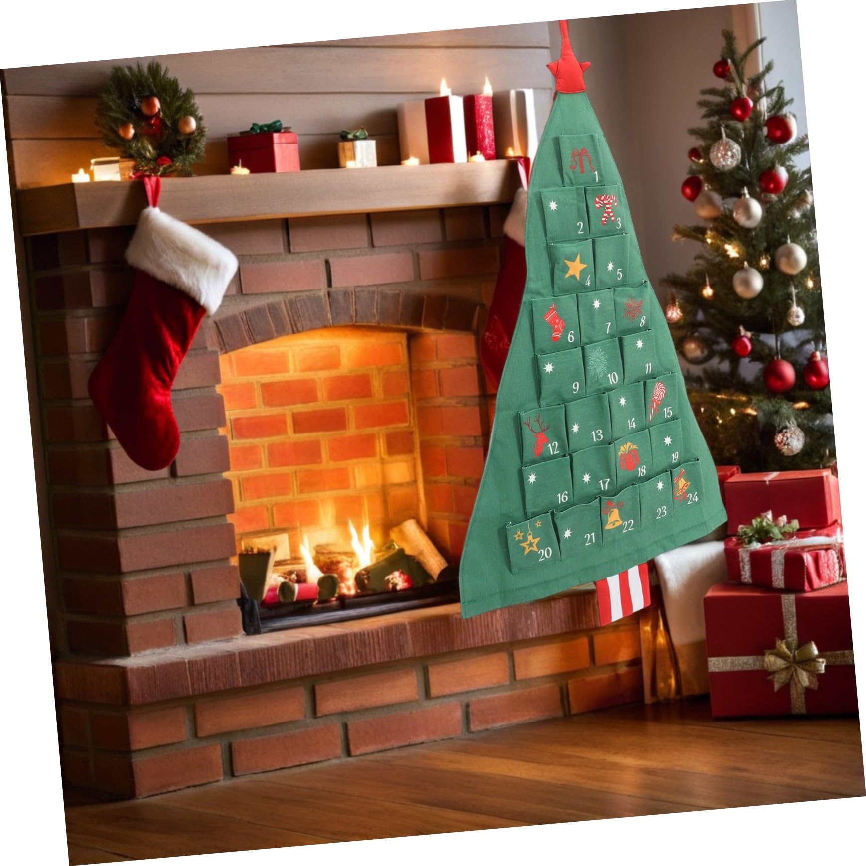 Weihnachtlicher Adventskalender zum Hängen Grün Wiederverwendbar DIY Kalender mit Aufbewahrungstasche Weihnachtsbaum-design für Xmas Partydeko und Schokoladenzählung