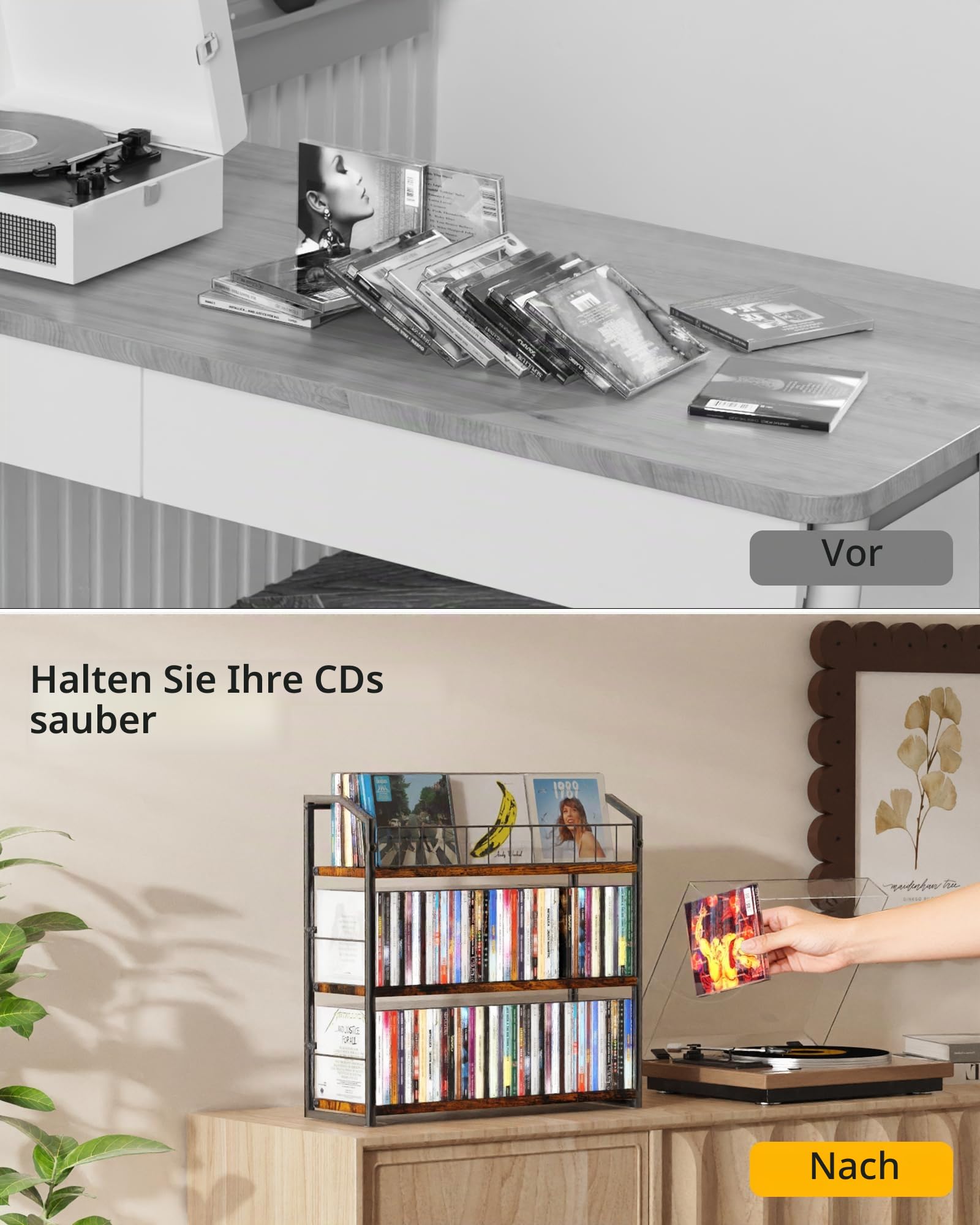 TJ.MOREE Schallplattenhalter mit 3 Ebenen, industrieller Retro-Stil, Karbonstahl/Holz, platzsparender Schreibtisch-Organizer