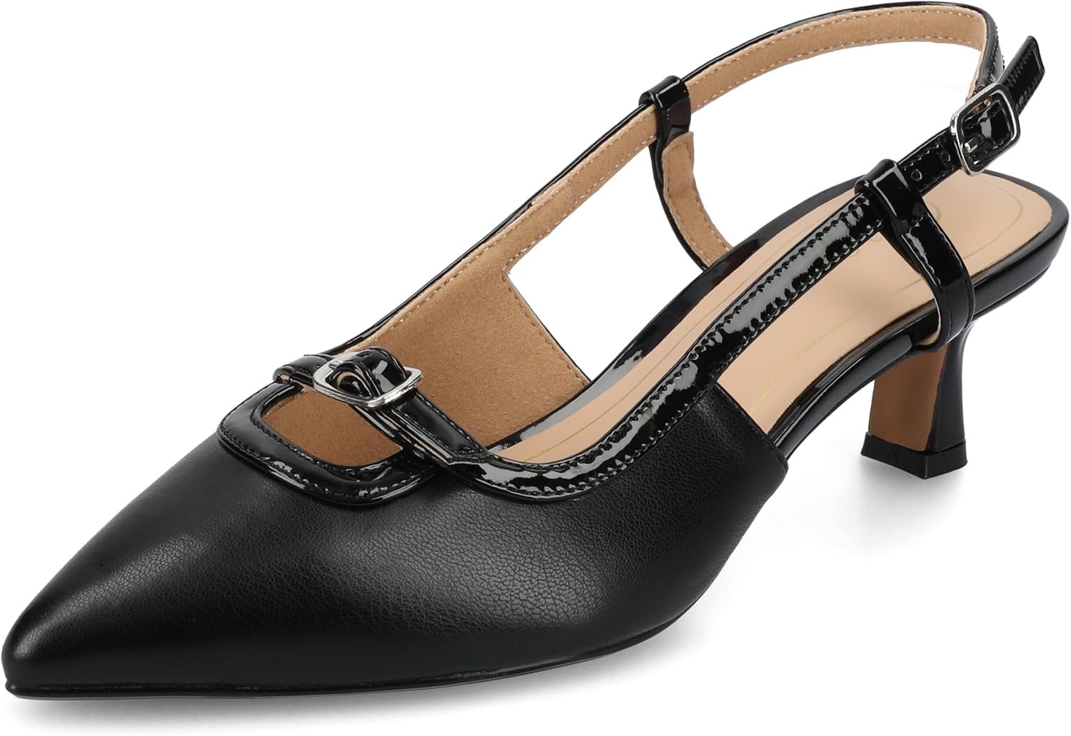 Journee Collection Womens Padma Mesh Sling Back Pumps Cushioned Pointed Toe Kitten Heel Pull On Spring Summer Shoe Black PU 6.5 Wide WOMENS US