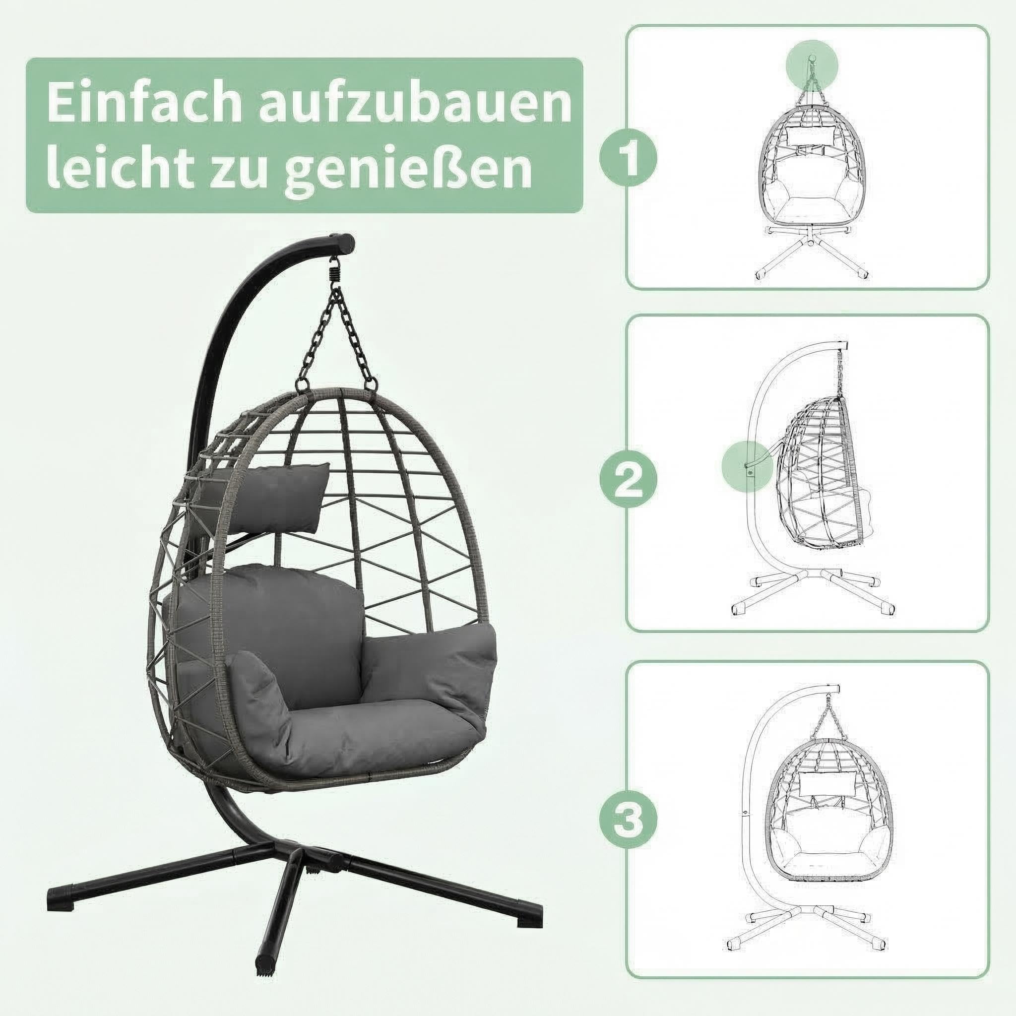 Faltbarer Hängesessel mit Gestell – Wetterfestes PE-Rattan, inkl. Staubschutzhaube & Kissen, ergonomisch & einfach zu montieren – Für Garten, Balkon, Terrasse – Belastbar bis 150kg – Graues