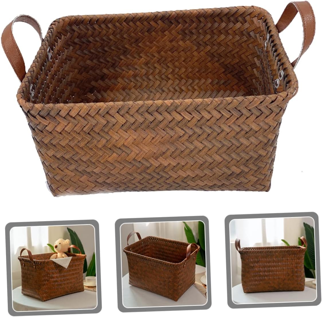 VICASKY Imitation Rattan Laundry Basket Medium with Leather Handles Plastic Storage Container for Clothes Household Sundries Organizer Portable and Easy to Clean