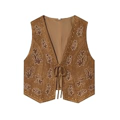 yoeasy Womens Floral Embroidery Boho Vest Faux Suede Vests Trendy V Neck Sleeveless Tie Front Vest Tops