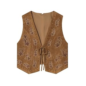 yoeasy Womens Floral Embroidery Boho Vest Faux Suede Vests Trendy V Neck Sleeveless Tie Front Vest Tops