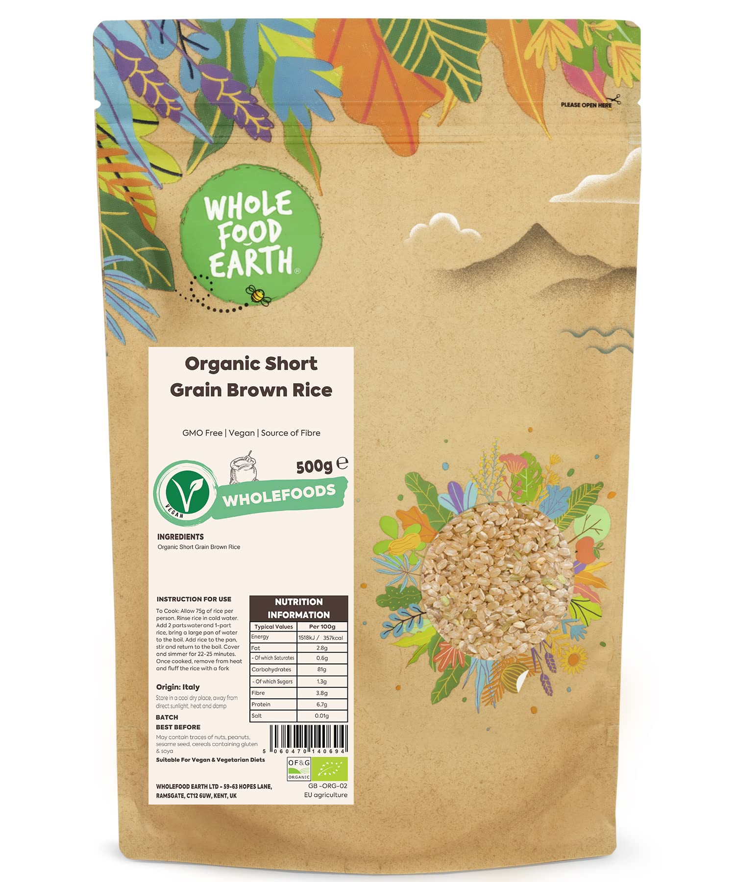 Wholefood Earth Organic Short Grain Brown Rice 500g GMO Free | Vegan | Source of Fibre | Certified Organic