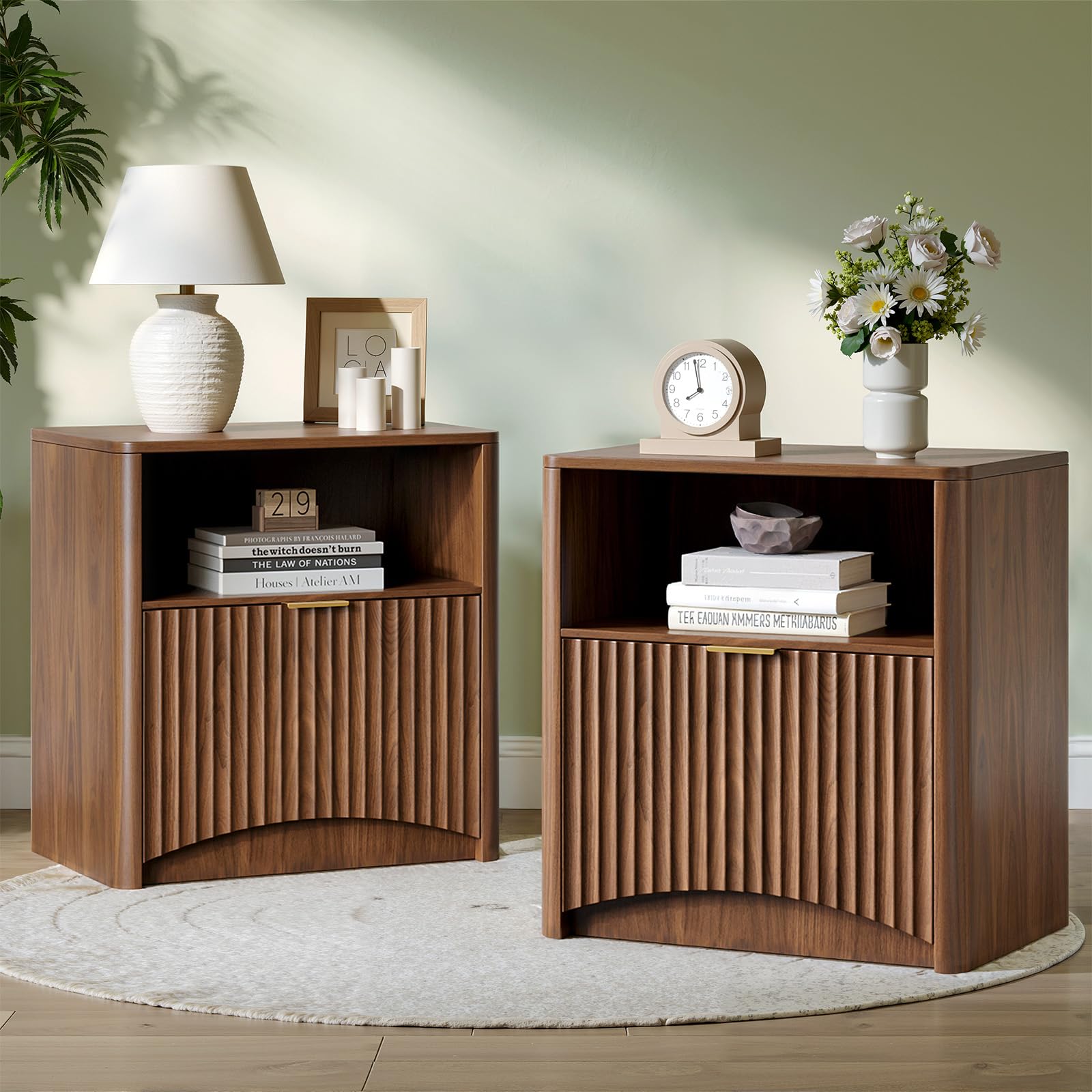 Evermagin Fluted Nightstand with dimensions