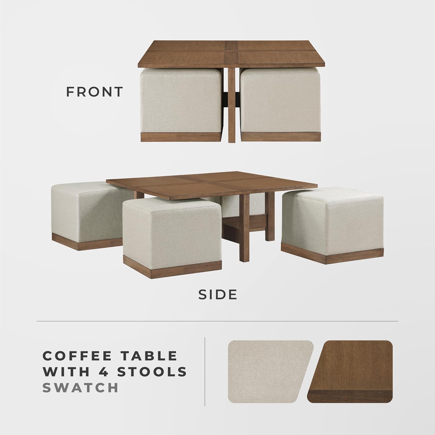 Lexicon 44" Square Coffee Table with 4 Upholstered Stools, Maple Veneer Wood Cocktail Table, Gray Upholstered Stools with Casters, Modern Living Room/Apartment Centerpiece, Full Assembled, Brown