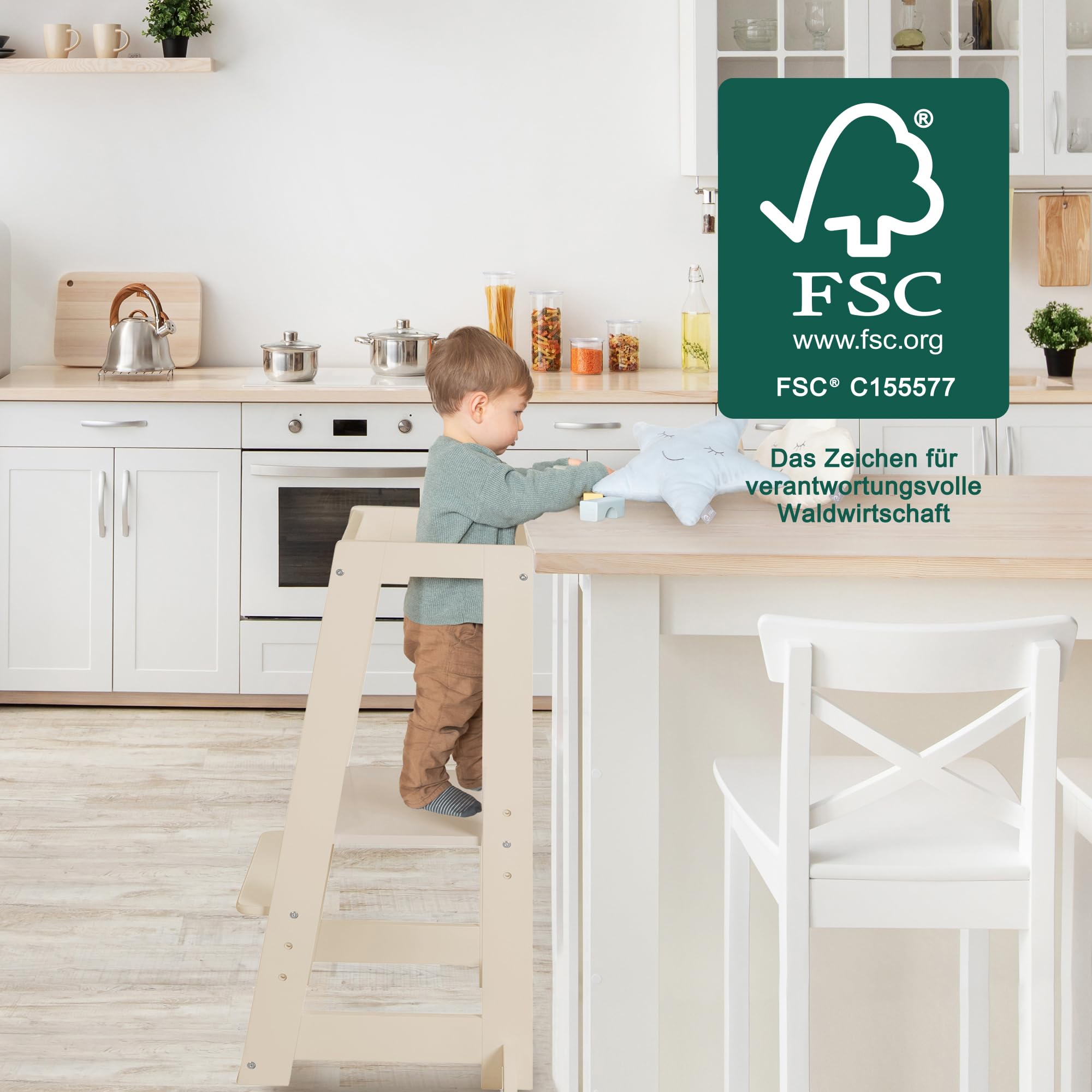roba Torre Montessori 'Monti Step' - Sgabello sicuro per bambini - Ideale come aiuto in cucina - Capacità di carico fino a 80 kg - Legno certificato FSC - Beige/Cashmere
