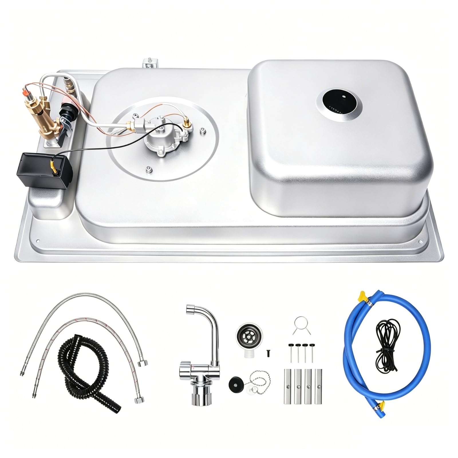 Lavabo 2 en 1 para caravana y compartimento de preparación con tapa de vidrio, inserto de acero inoxidable con boquilla plegable para caravana, furgoneta, remolque de viaje (negro/plateado)