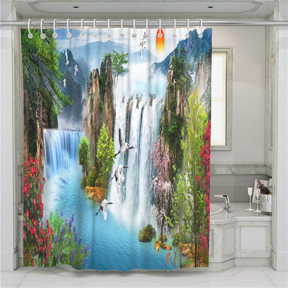 Chickw11 Tenda Doccia In Tessuto Poliestere Antimuffa 90x180 Cm – Stampa 3D Montagna Blu Neve, Con 12 Anelli, Impermeabile E Lavabile