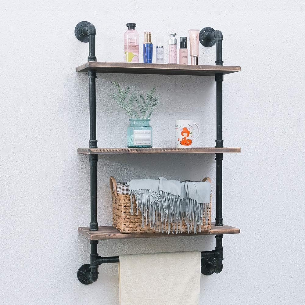 Suреr Dеаl Prоduсt Bathroom Shelves Wall Mounted,24in Industrial Pipe Shelving,Rustic Wood Shelf with Towel Bar,Farmhouse Towel Rack,Metal Floating Shelves Over Toilet