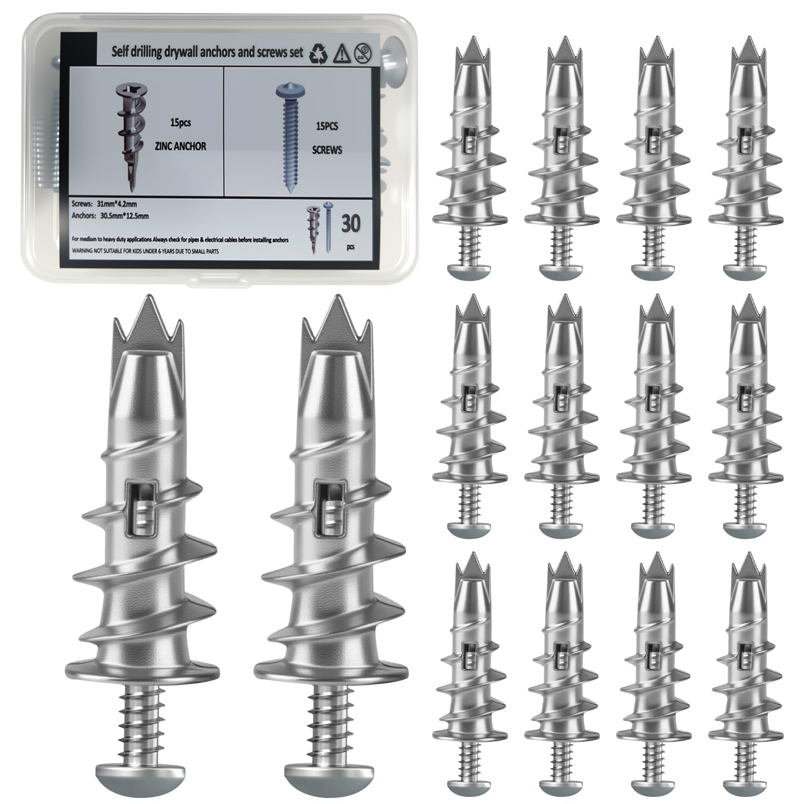 BIATOE Plasterboard Fixings, 30Pcs Heavy Duty Drywall Anchors with Screws