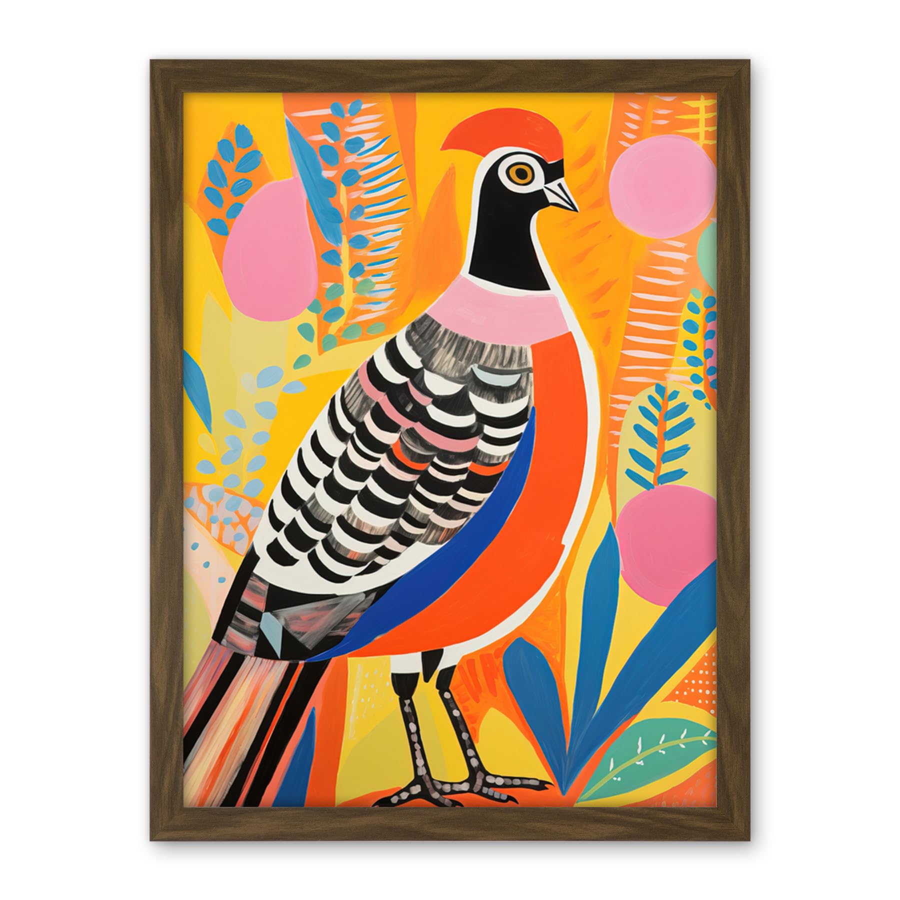 Artery8 Pleasant Pheasant Bright Bold Vibrant Colourful Grassland Acrylic Painting Artwork Orange Pink Blue Folk Art Artwork Framed Wall Art Print 18X24 Inch