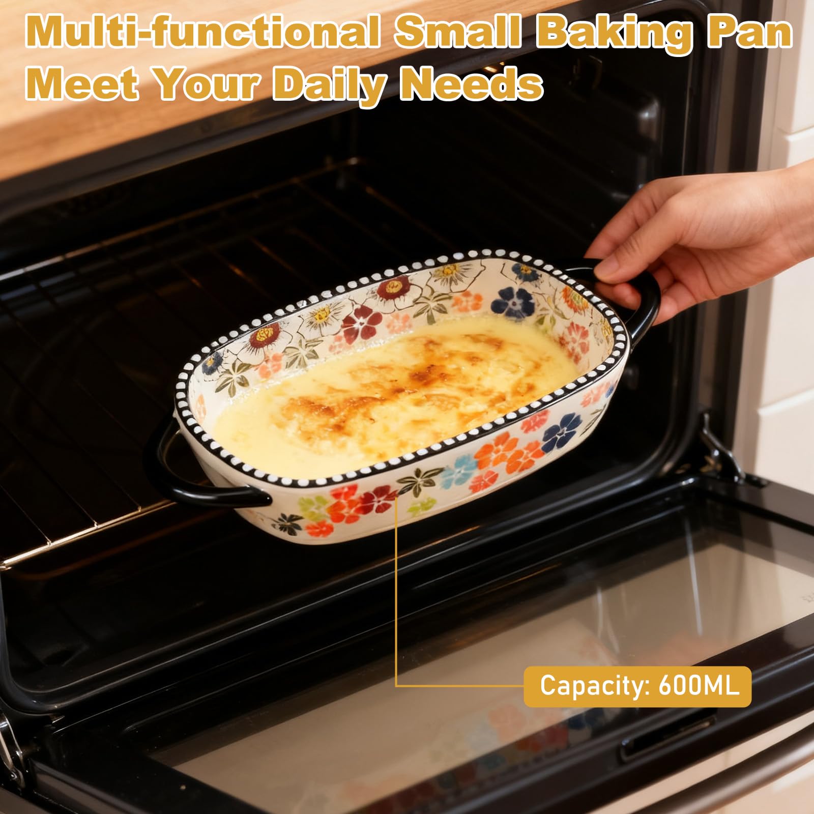 Teglia da forno in ceramica, 600 ml, rettangolare, 23,8 x 13,2 x 5,2 cm, con manici, per lasagne, casseruole, tiramisù, stampo da forno adatto per forno, microonde e lavastoviglie