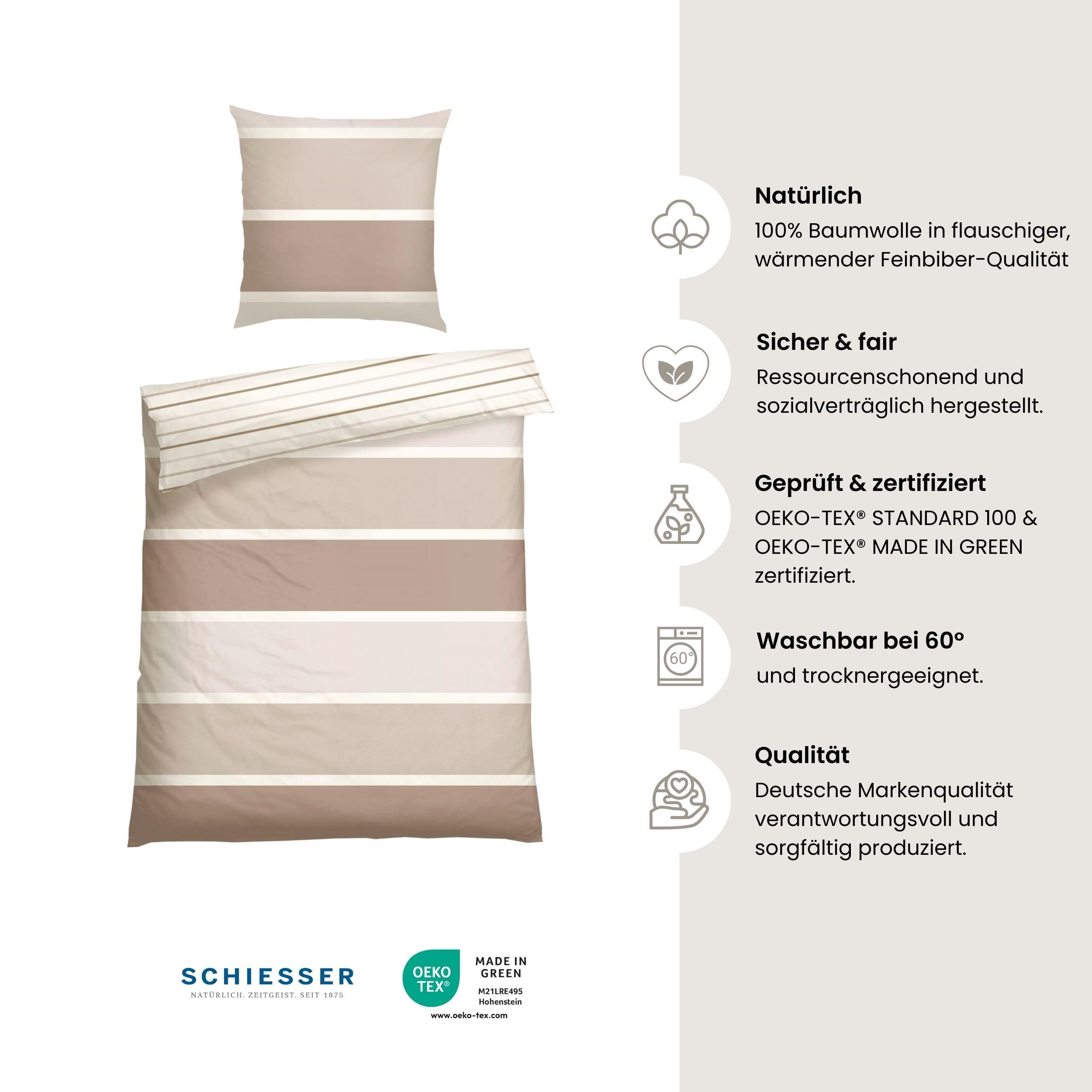 Schiesser Bettwäscheset Brody | 2-teilig | Gestreift | Feinbiber | 100% Baumwolle | Oeko-Tex Zertifiziert | Reißverschluss | 135x200cm + 80x80cm | Taupe