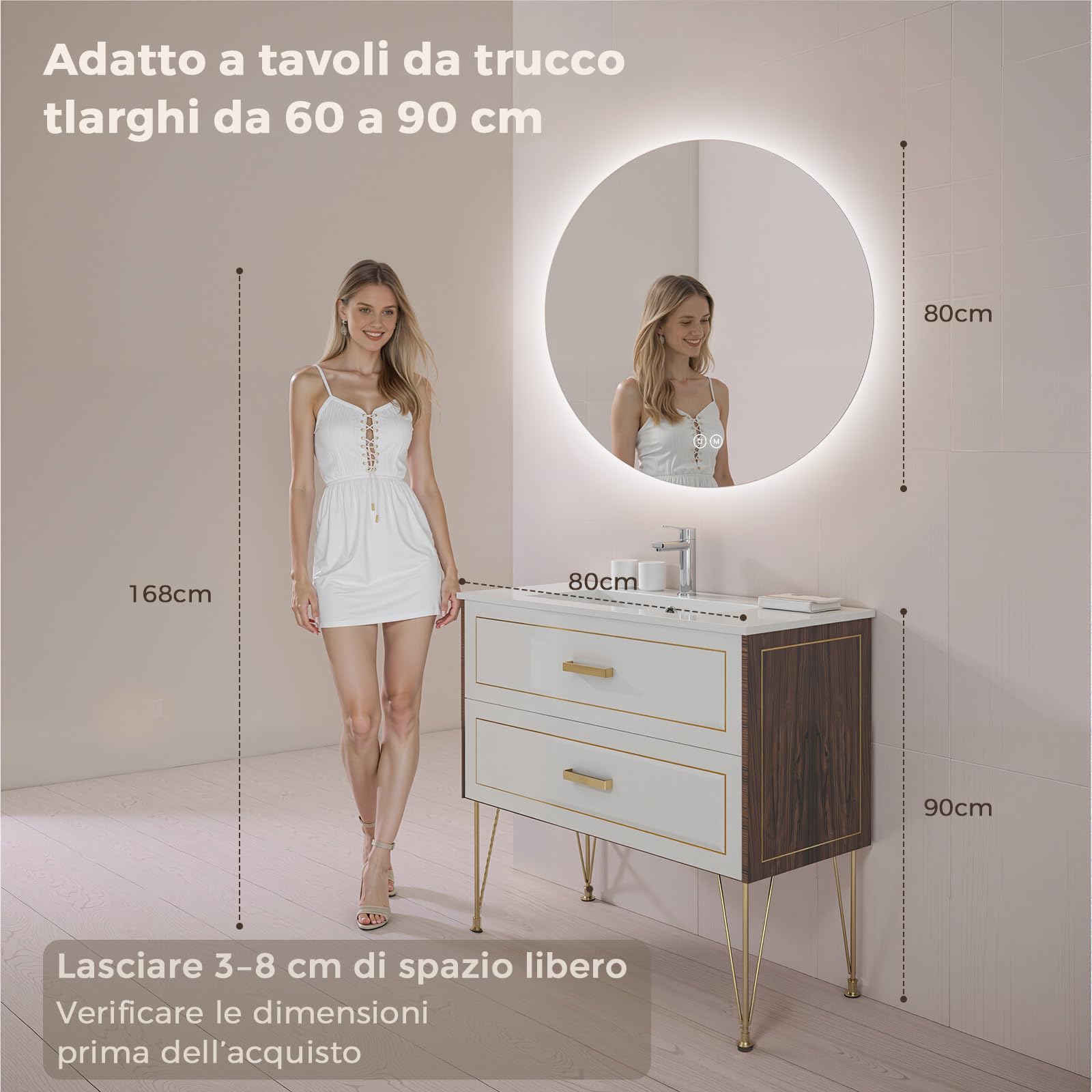 S'AFIELINA Specchio da bagno con illuminazione rotondo, 80cm, specchio LED con interruttore touch, specchio da bagno rotondo con 3 temperature di colore (caldo, neutro, freddo), dimmerabile