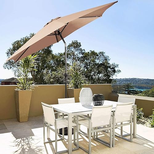 Miniatura 4 de HAPPYGRILL Sombrilla de patio de 9 pies para exteriores, sombrilla de mesa ajustable con inclinación y manivela
