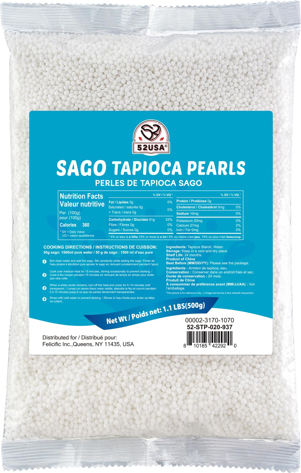 52USA Sago Pearls, Small Tapioca Pearls 1.1 lbs (500g), White Sago for Desserts and Bubble Milk Tea, Summer Beverages, All Natural, Vegan, Non-GMO, Gluten-Free