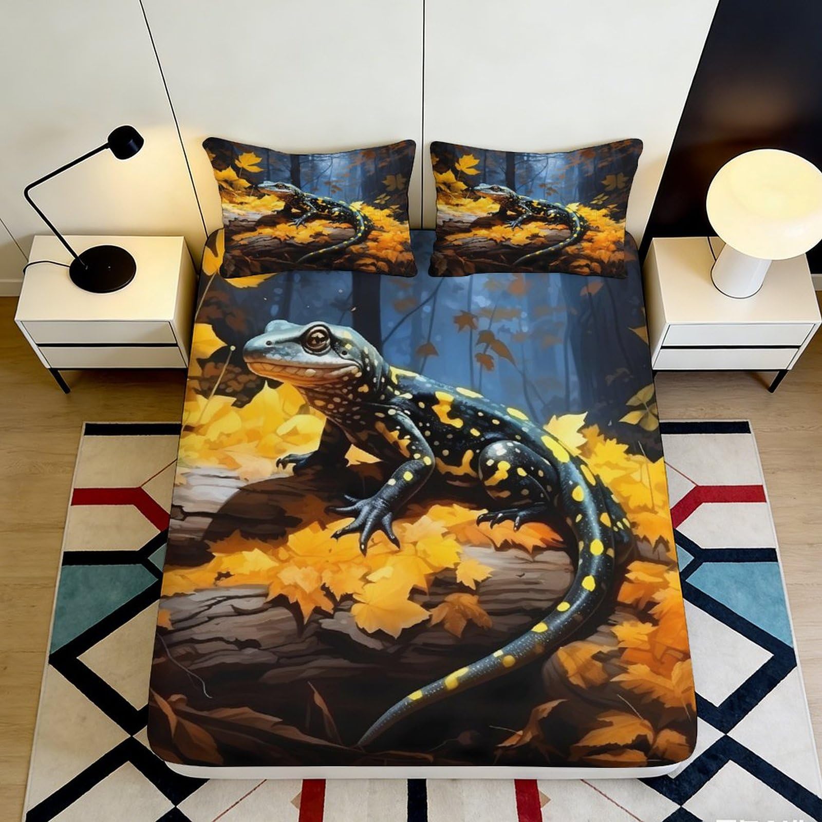 3D Printed Autumn Forest Salamander Fitted Sheet Microfiber Soft Mattress Cover for Bedroom Guest Room Decor 90x200x25cm