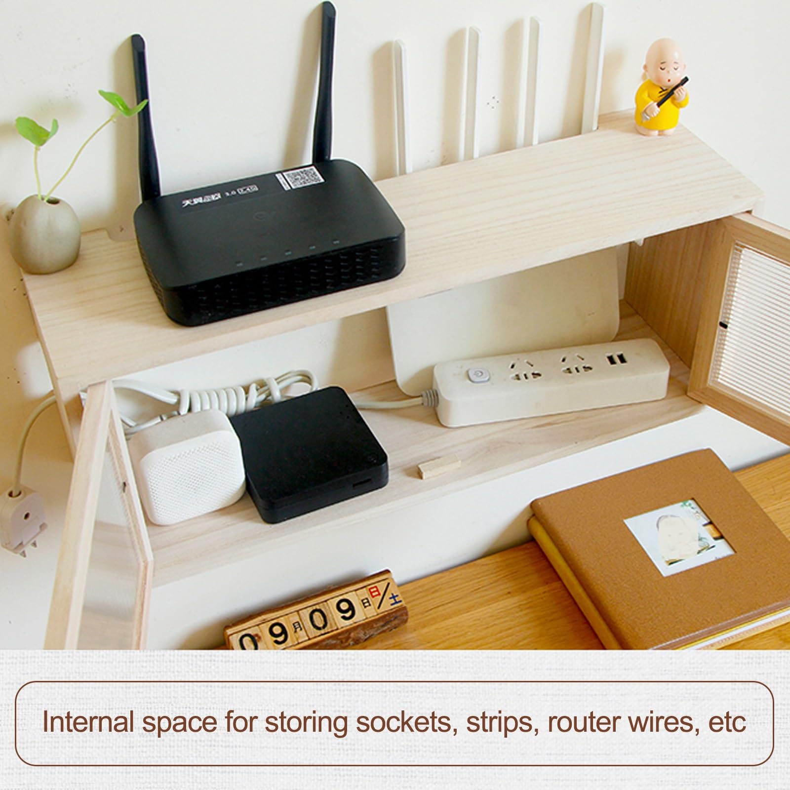Armoire de rangement pour routeur WiFi – Multiprise murale et cache de gestion des câbles pour la maison et le bureau – Solution de rangement autonome