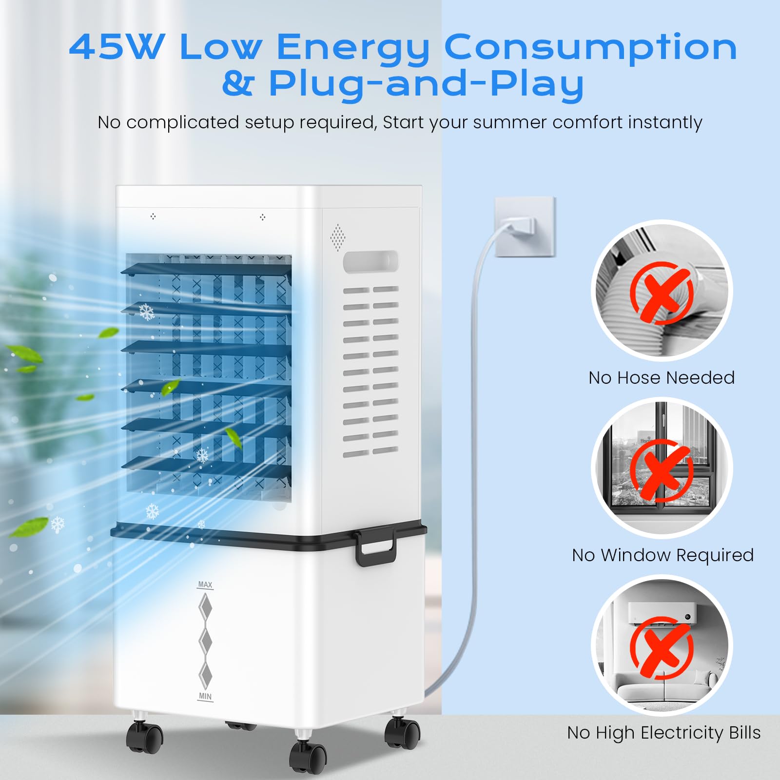 Klimaanlage Mobil 45W, 3-seitiger Klimaanlage Ohne Abluftschlauch, 6 Modi, 12L Abnehmbarem Tank, 60/120° Oszillation, 24h Timer, Leise, Fernbedienbar, Verdunstungskühler für Zuhause Schlafzimmer