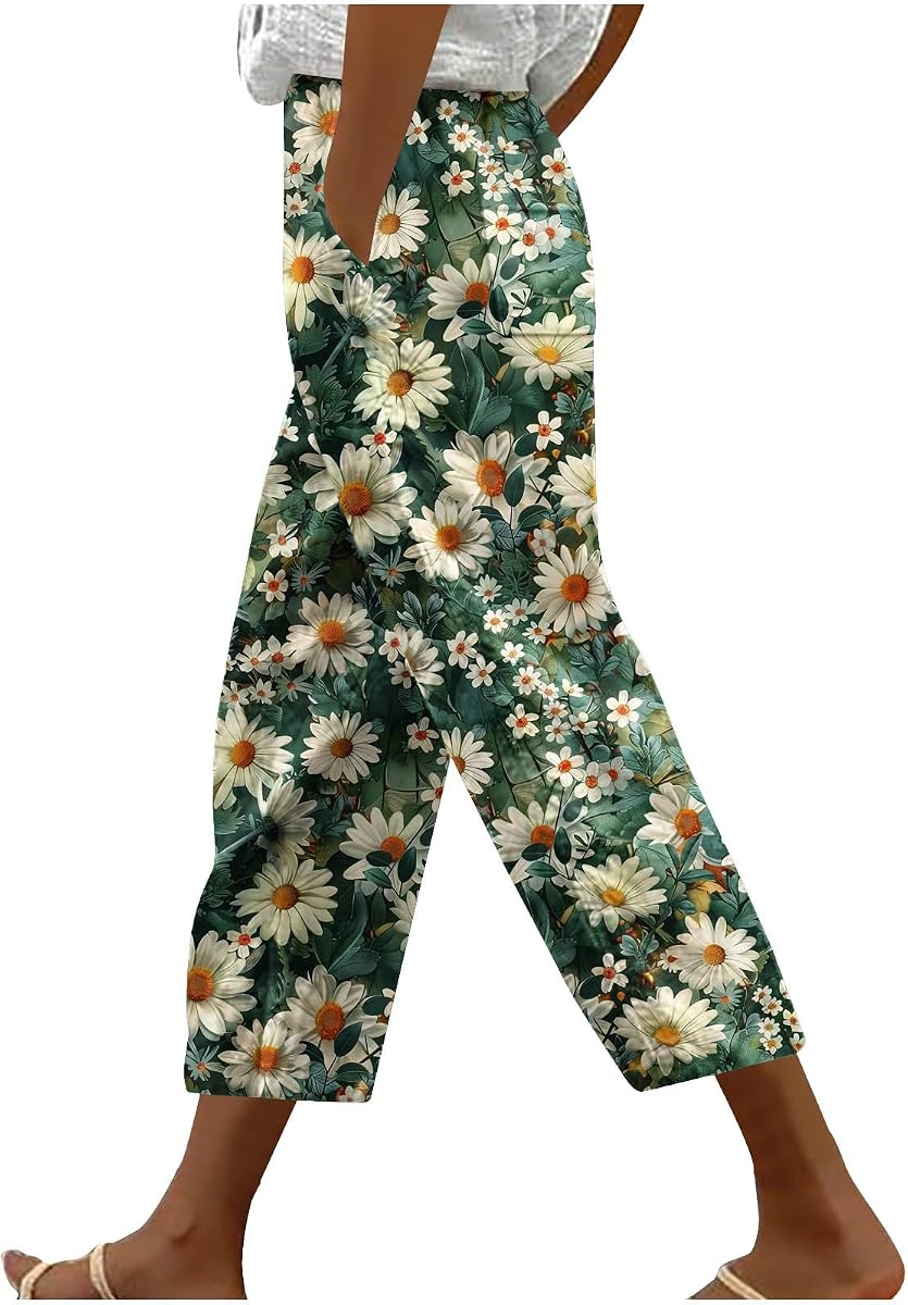Pantalones capri hawaianos para mujer, pantalones casuales con estampado floral tropical, pantalones elásticos de cintura alta con cordón, pantalones de playa de verano