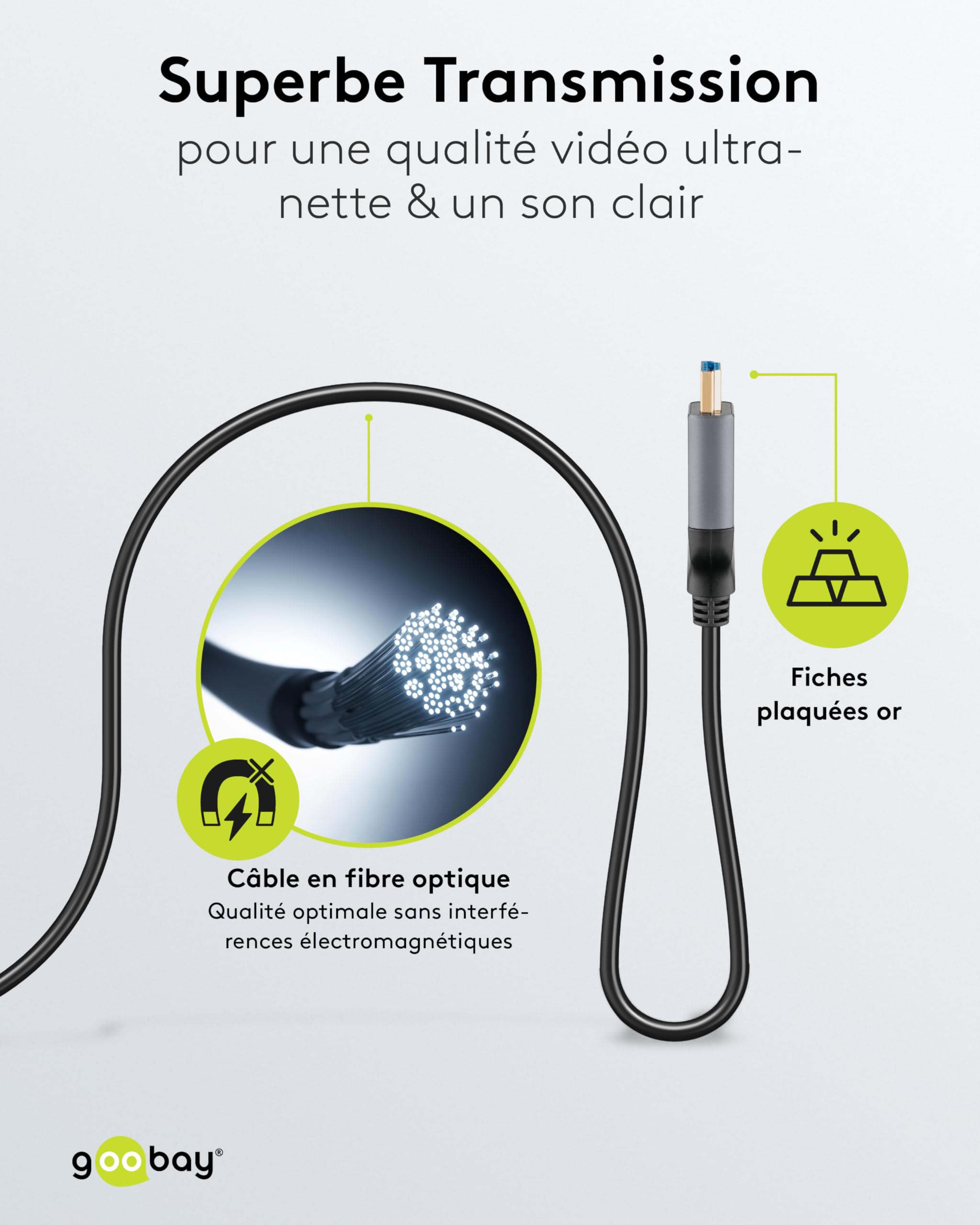 goobay Câble HDMI 2.1 ultra haute vitesse hybride avec Ethernet, 8 K/60 Hz, technologie AOC pour TV, écrans, PS5, Xbox, haute flexibilité, connecteurs robustes 30 m / 76276