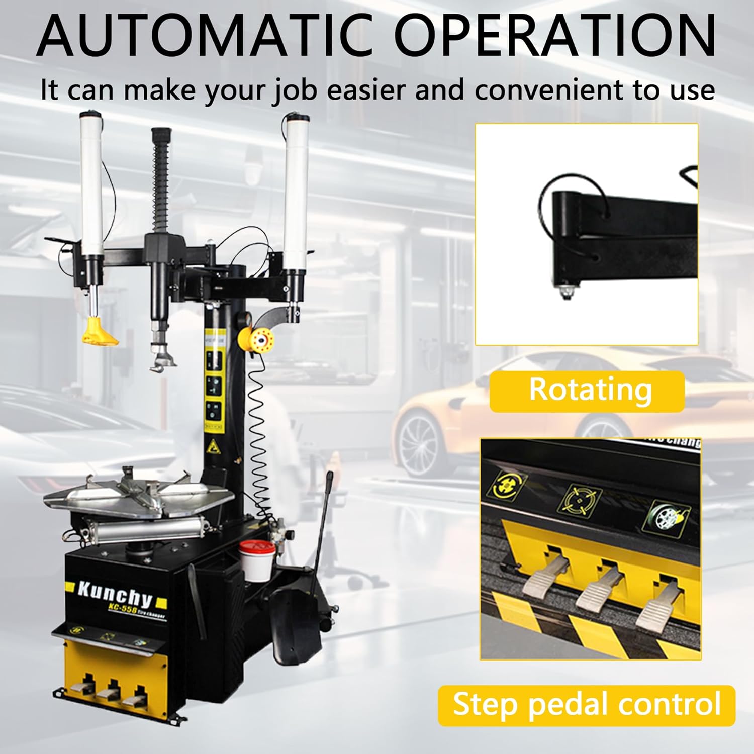 Kunchy KC-558 Tire Changer showing automatic operation features like rotating arm and foot pedals