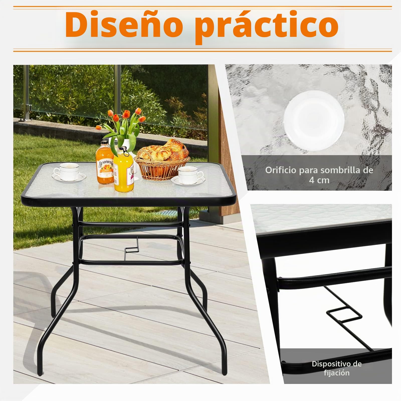 GIANTEX Mesa Cuadrada de Cristal de Exterior, Mesa de Jardín con Agujero para Sombrilla, Mesa de Comedor para Terraza, Jardín, Balcón, Patio (80 x 80 x 71 cm)