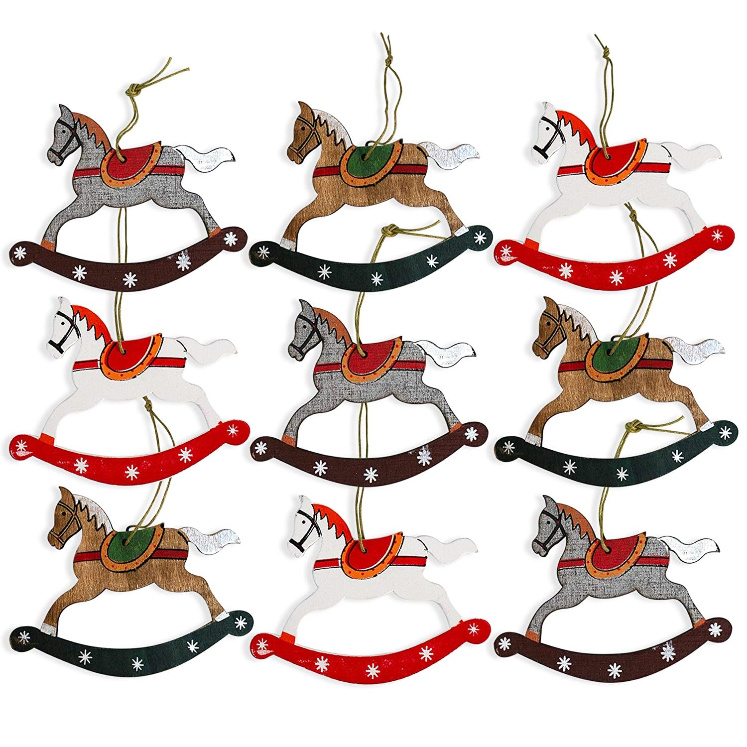 9 x Shabby Chic Wooden Rocking Horse Christmas Tree Hanging Baubles - Rustic Holiday Decorations for Christmas Trees Vintage-Style Wooden Ornaments