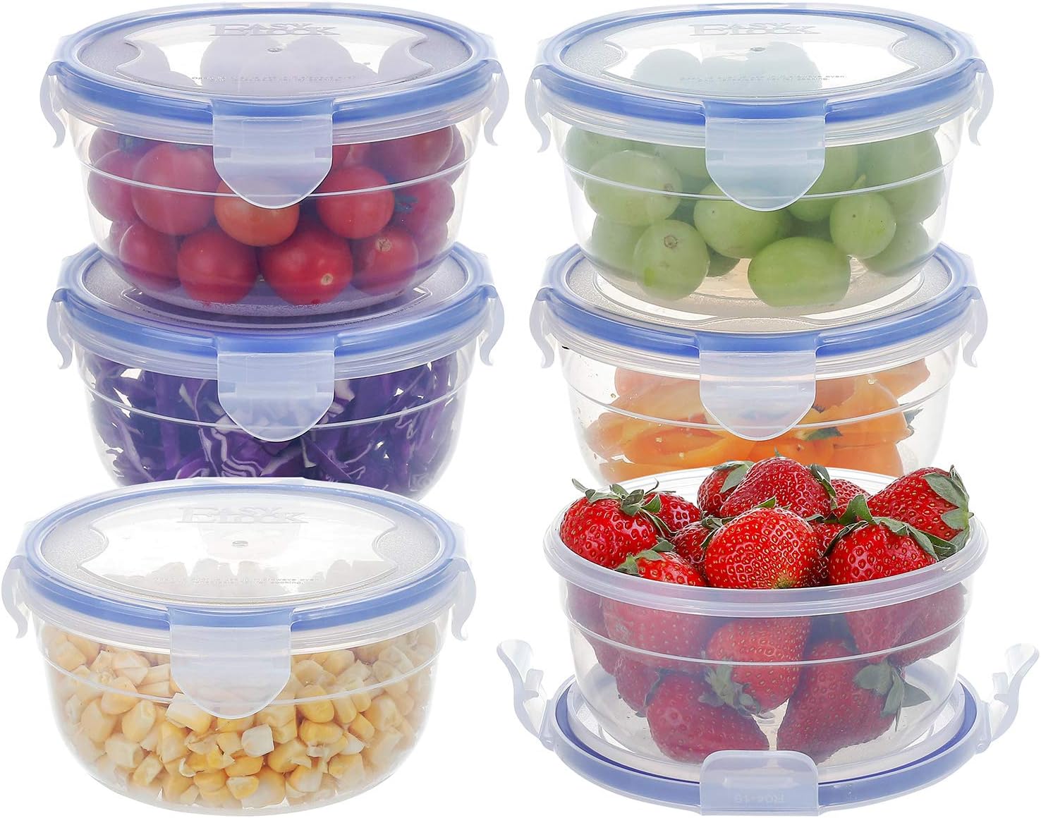EASYLOCK 6 Pack Round Plastic Food Containers with Lids, Stackable, Reusable, Leak-proof, 600ml, Microwave Freezer Dishwasher Safe (Blue)