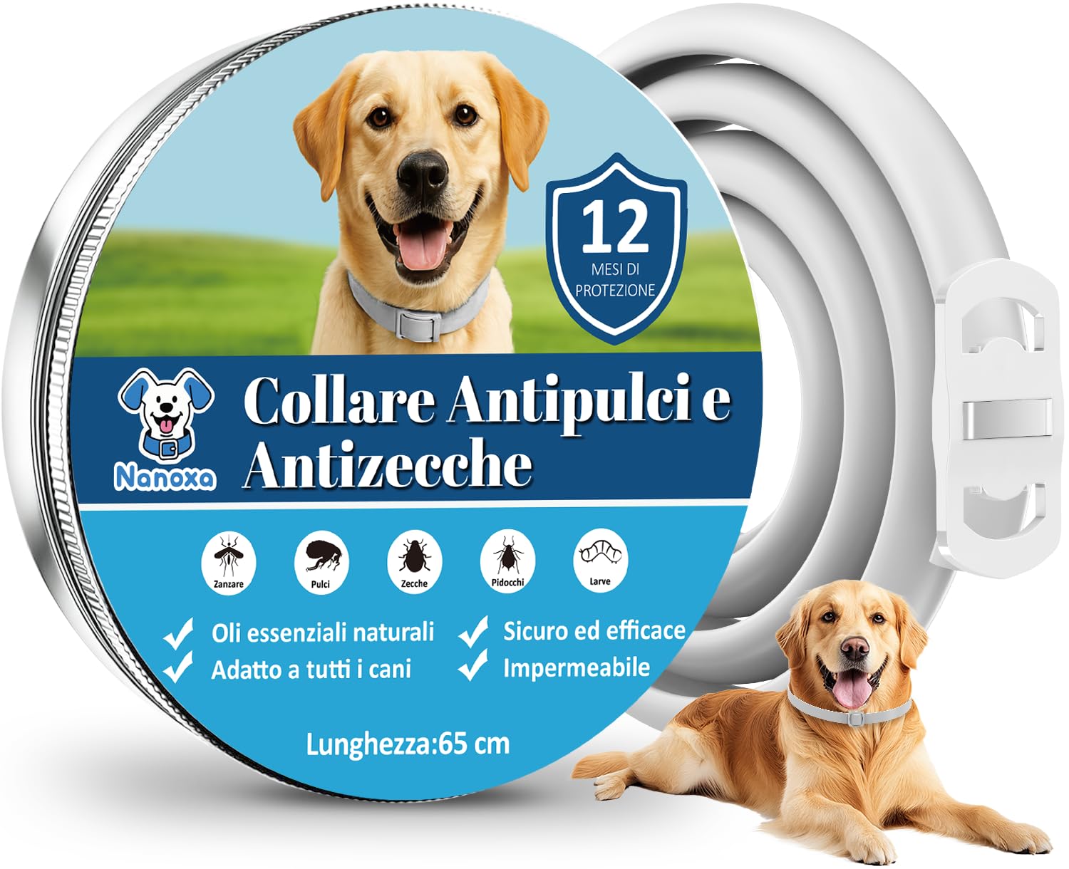 Nanoxa Collare Antiparassitario Per Cani, 12 Mesi di Protezione Sicura ed Efficace, Oli Essenziali Naturali Al 100%, 65cm Regolabile Impermeabile Collare Antipulci e Zecche per Tutti i Tipi di Cani