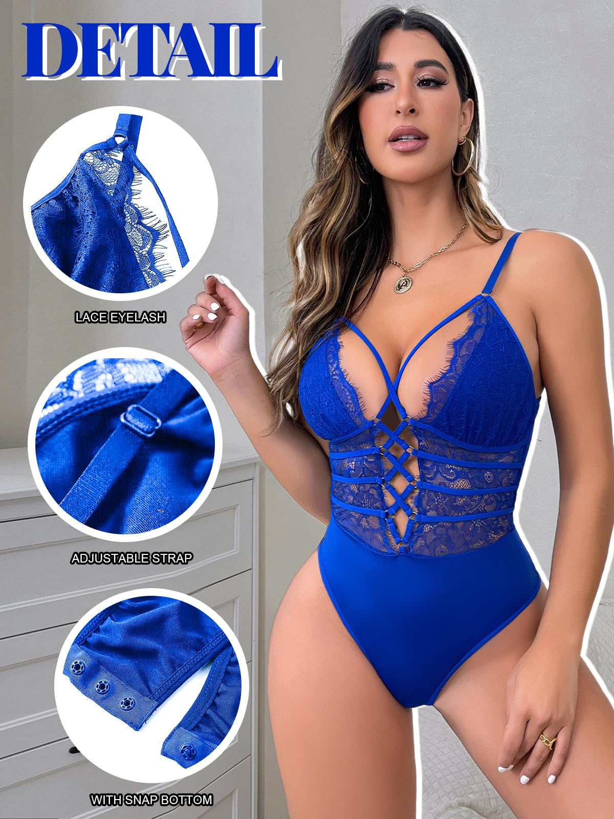 Buitifo Women Sexy Bodysuit One Piece Babydoll Lingerie Lace Teddy Negligee: Blue Small