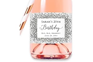 Birthday Custom Silver Gray Glitter Personalized Waterproof Mini Wine Bottle Labels for Birthday Celebration Parties