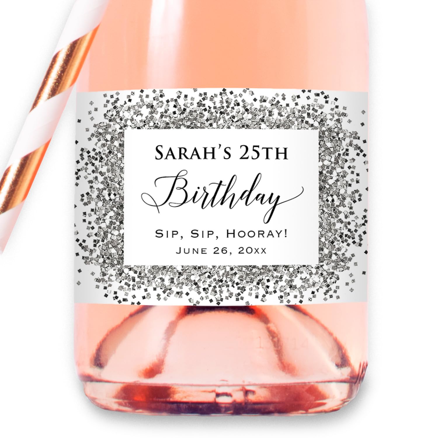 Birthday - Custom Silver Gray Glitter (Not Real Foil) Mini Champagne Bottle Label, Personalized Waterproof Mini Wine Bottle Sticker for Birthday