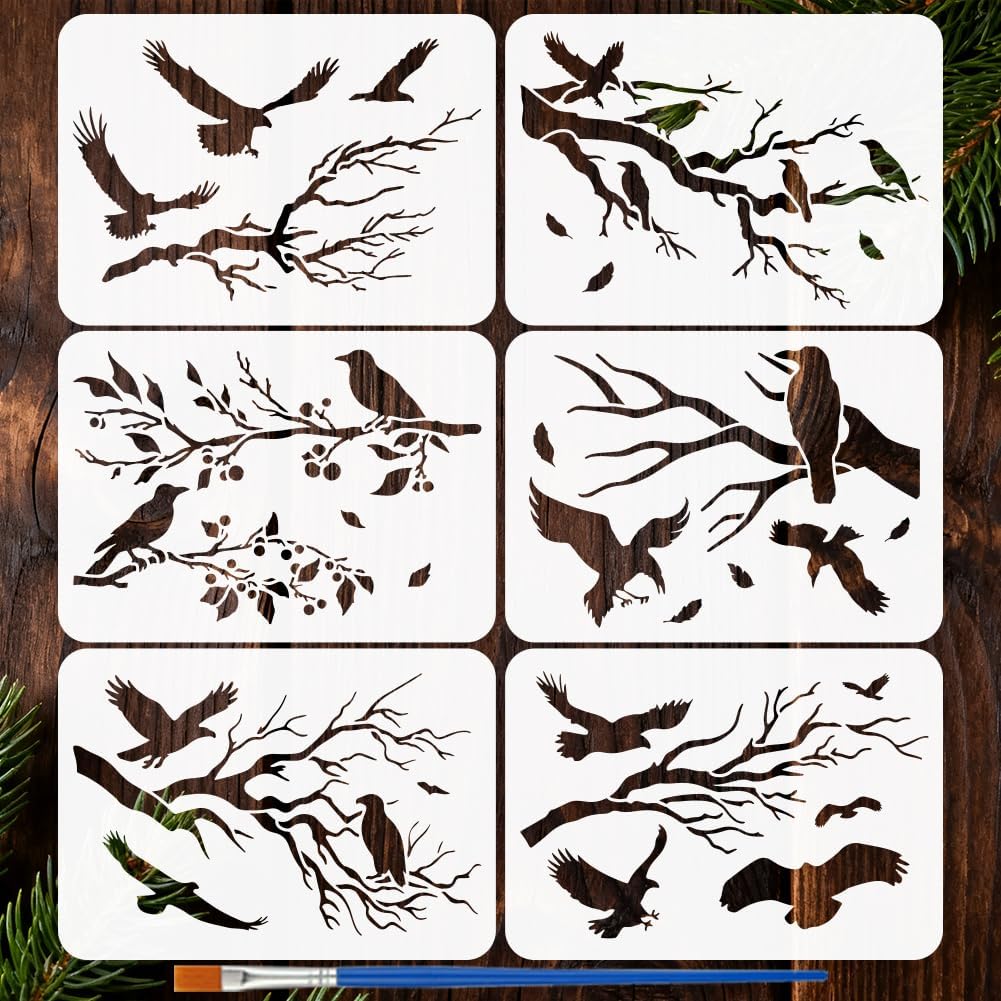 – 6 Styles Eagle and Crow Pattern Stencils with a Brush 29.7x21cm Birds Painting Stencils Fallen Leaves Stencil Branches Stencil Animal Themes PET Template for Wood Floor Tile Wall Fabric