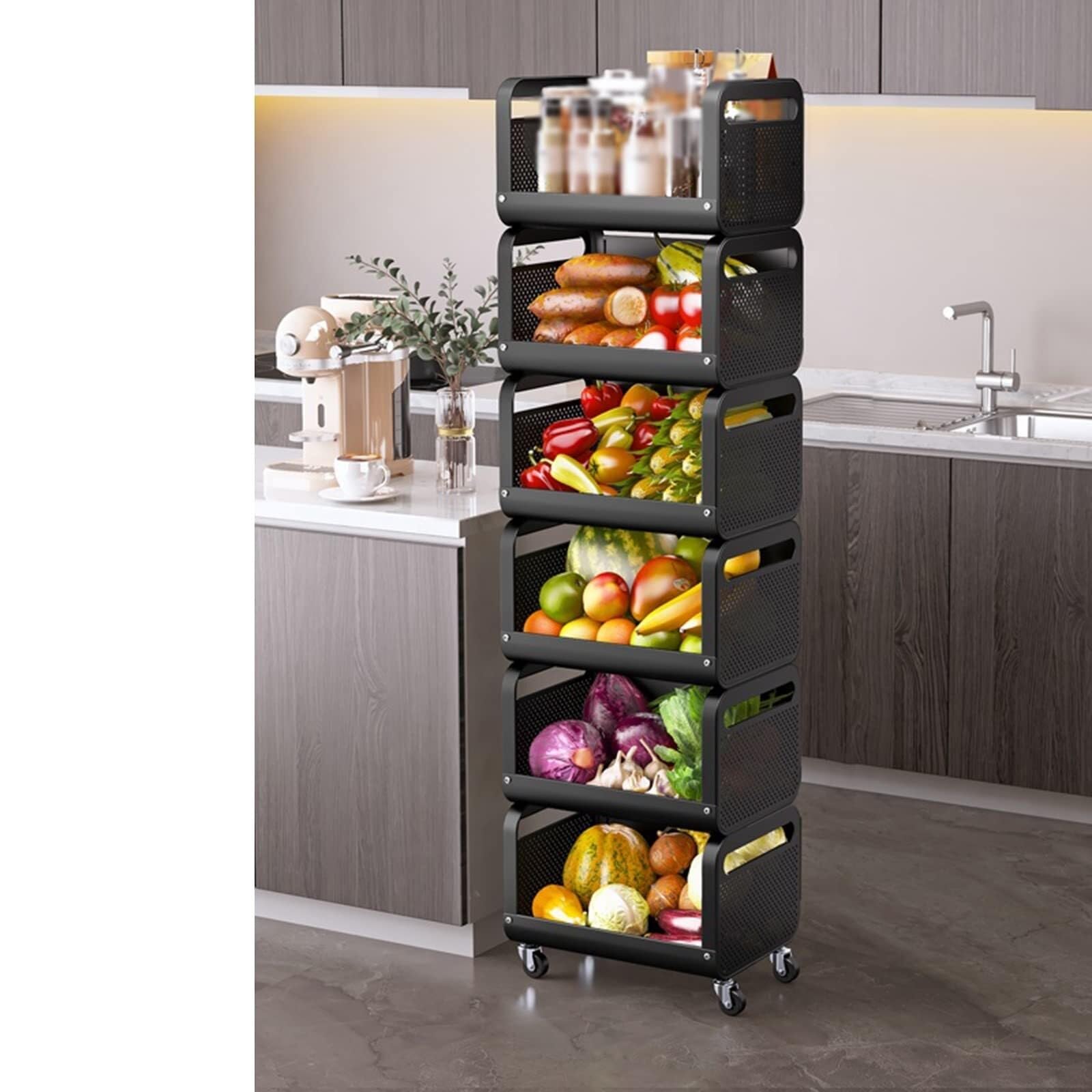 Carrellino Salvaspazio Carrello Portaoggetti da Cucina in Acciaio al Carbonio Impilabile Portafrutta E Verdura con Ruote per La Casa per Organizzare Cucina(3 Tier)