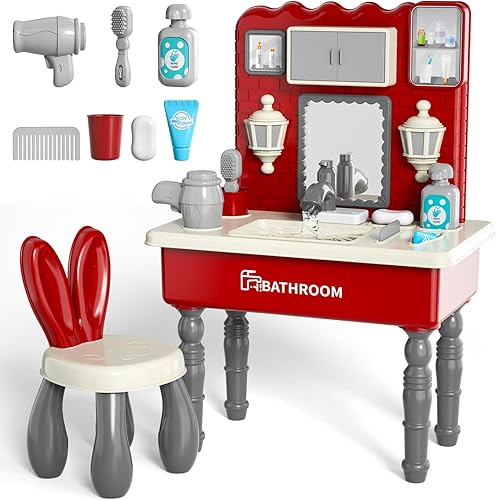 Lucky Doug Juguetes de fregadero de juguete para niños, lavabo de baño con agua corriente, juego de tocador con espejo y taburete para niñas de 3,