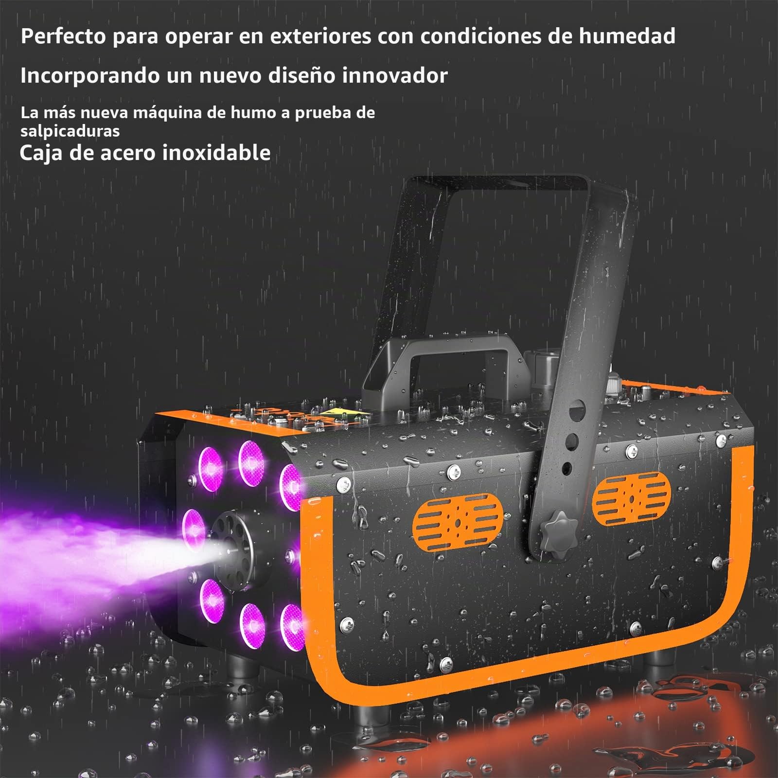 HAKUTA Máquina de Humo a Prueba de Lluvia, 8 LED con 4 Efectos para Fiestas | Resistente a Salpicaduras, Luces y Humo Control Independiente, 2 Mandos, 13 Colores, 300ml, para Bodas/Halloween/DJ