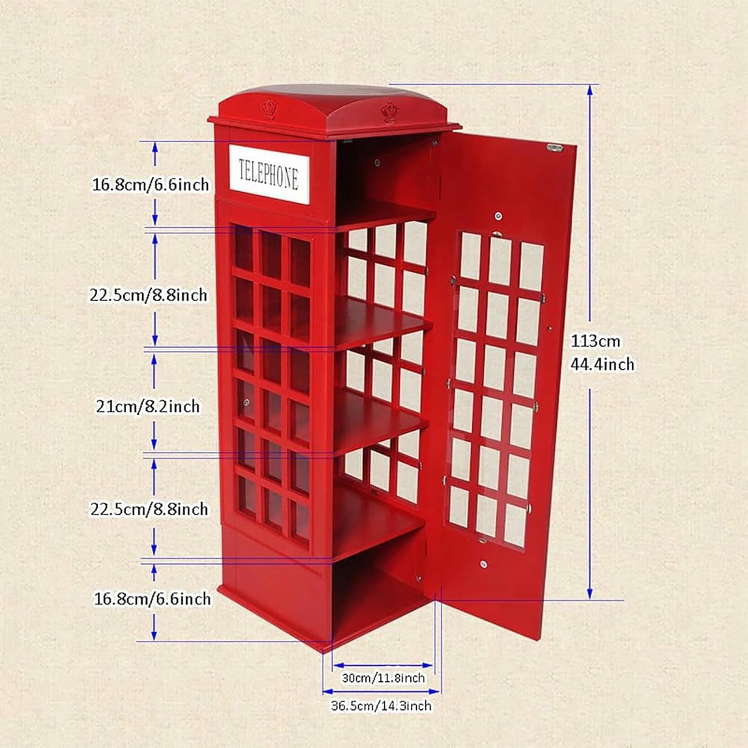 Telephone Booth Bookshelf, 5-Tier Wood Bookcase, Floor Standing Bookcase with Acrylic Door, Phone Booth Storage Cabinet Organizer Display Bookshelf image 3