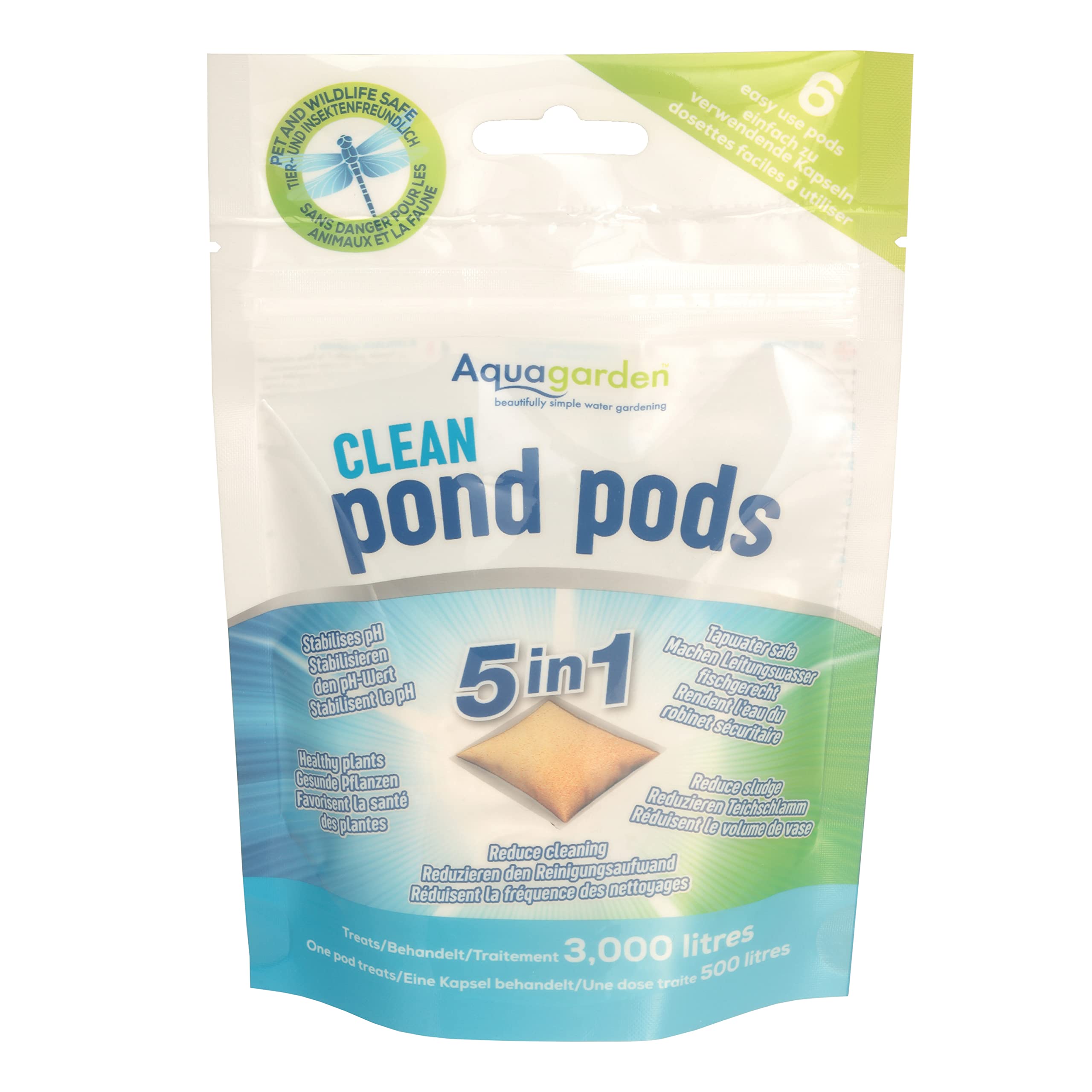 Aquagarden 8841 Clean Pond Pods, Limite Les boues du Bassin, Rend l’Eau du Robinet sûre, réduit la fréquence de Nettoyage du Filtre, Plantes saines, stabilise Le pH, Paquet de 6