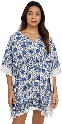 BOHEKANT Short Hand Block Print Cotton Kaftan for Women | Pure Cotton Summer Wear | Loungewear, Beachwear, Nightwear | Fre...